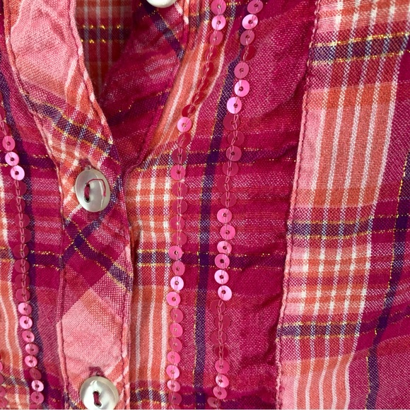 Catherine’s Womens 3X Popover Blouse Top Pink Plaid Roll Tab Sleeves Sequins - Picture 8 of 9